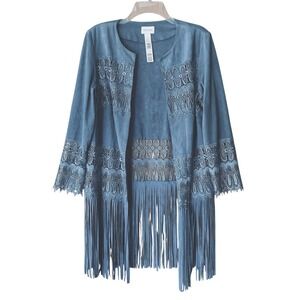 Chico's Blue Fringe Jacket Size 1 M Faux Suede Boho Western Open Front Long